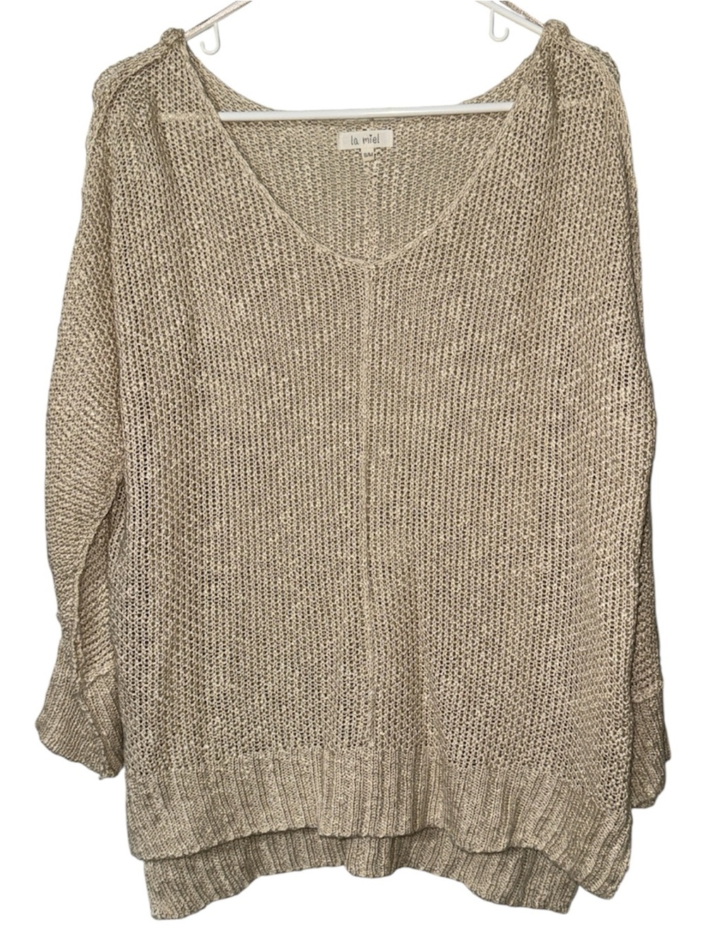La Miel women’s small/medium airy open knit mushroom sweater v neck long sleeve
